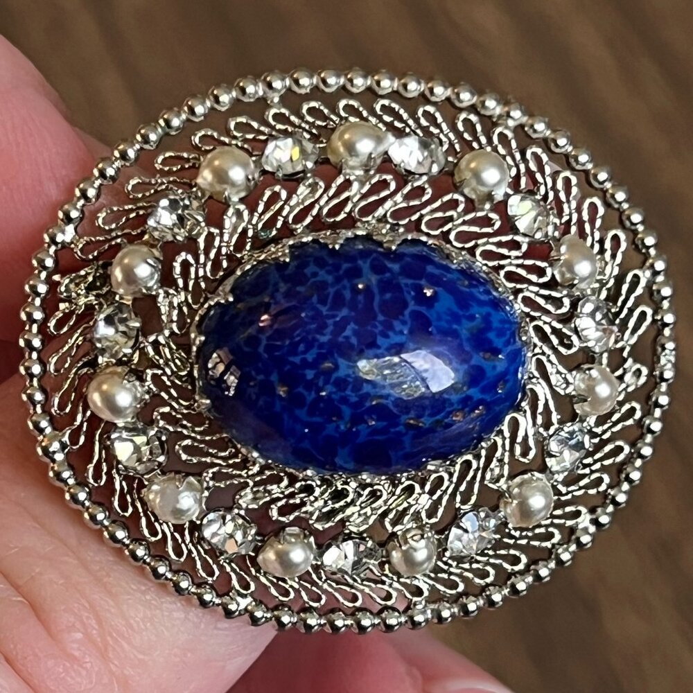 Vintage Oval Blue Lapis Silver Tone Filigree Antique Brooch Pin Seed Pearl